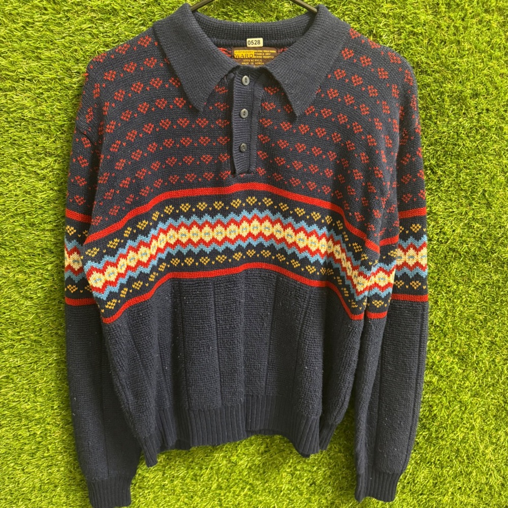 Vintage Montgomery Ward Fair Isle‎ Knit Polo Sweater Mens large 90's